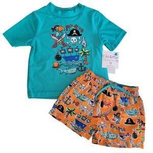 Kiko & Max Boys 6-9 months Swim‎ Trunks Rash Guard Shirt Set Outfit Pirate Shark
